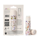 Nectar Meadows Solid Perfumed Stick Balm with a white background and colorful floral pattern. Studio product view showing the stick balm in its retail hang card packaging and an unpackaged balm with its striped cap removed, revealing the white balm.