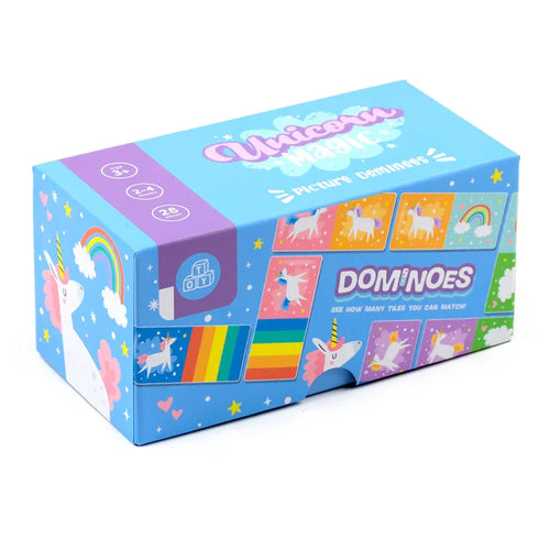 Angled view of a light blue kids' picture dominoes box, decorated with unicorns, rainbows, stars, and hearts, displaying 'Unicorn Magic' and 'DOMINOES' text.