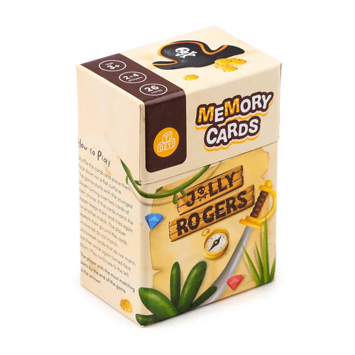 Angled view of a Kids Memory Card Set box with a 'Jolly Rogers Pirates' theme. The box packaging displays 'MEMORY CARDS' text on the lid, a pirate hat, gold coins, a sword, compass, and colourful blue and red gems. Visible details also include 'age 3+', '2-4 players', '26 cards', and game instructions.