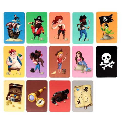 Flat lay display of fifteen Kids Memory Card Set cards, featuring Jolly Rogers pirate-themed illustrations such as characters, a ship, a mermaid, a treasure chest, and a skull and crossbones, all on a white background.