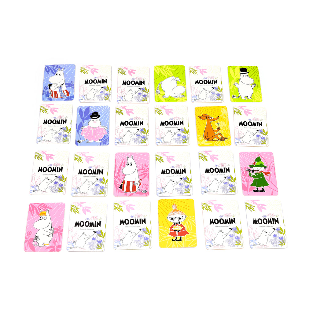 Moomin kids memory card set with all colourful character cards displayed on a white background.
