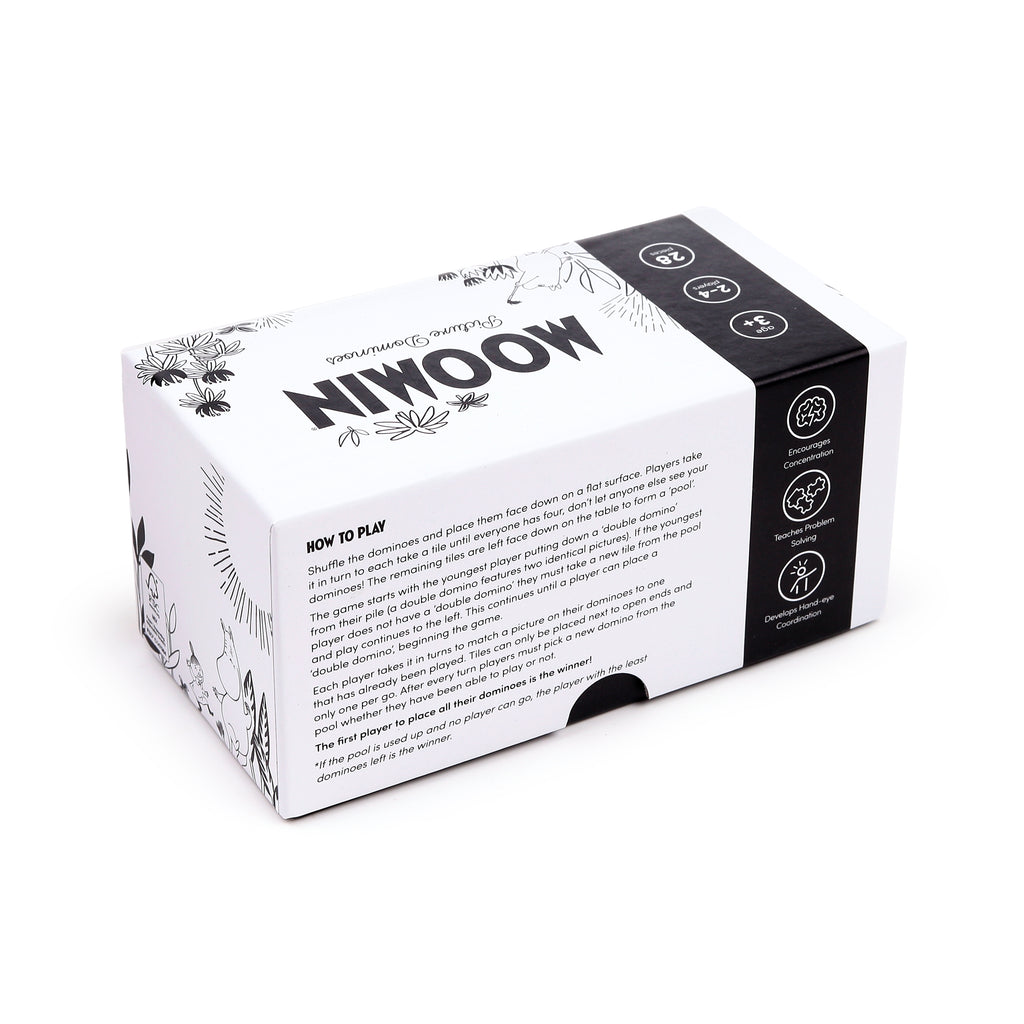 Angled view of a white Kids Moomin Picture Dominoes set box. The packaging features black 'Moomin' branding, how-to-play instructions, Moomin characters, and foliage illustrations. A side panel indicates 'age 3+' and developmental benefits.