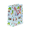 Angled front view of a large gift bag with a light blue background, featuring colourful cartoon illustrations of knights, dragons, princesses, and castles. It has red rope handles.