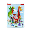Front view of a medium gift bag with red rope handles, depicting a colourful knights and dragons fantasy scene with a castle, princess, knights, wizard, and green and orange dragons on a light blue background.