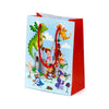 Medium gift bag, front view, featuring a colourful cartoon illustration of knights, a princess, a wizard, and two dragons around a grey castle on a light blue background with clouds, finished with red side panels and braided red handles.