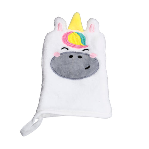 Front view of a white, soft makeup remover glove with a unicorn design, featuring a yellow horn, pink-lined ears, a colourful mane, embroidered grey snout with black nostrils and pink cheeks, and a white hanging loop.