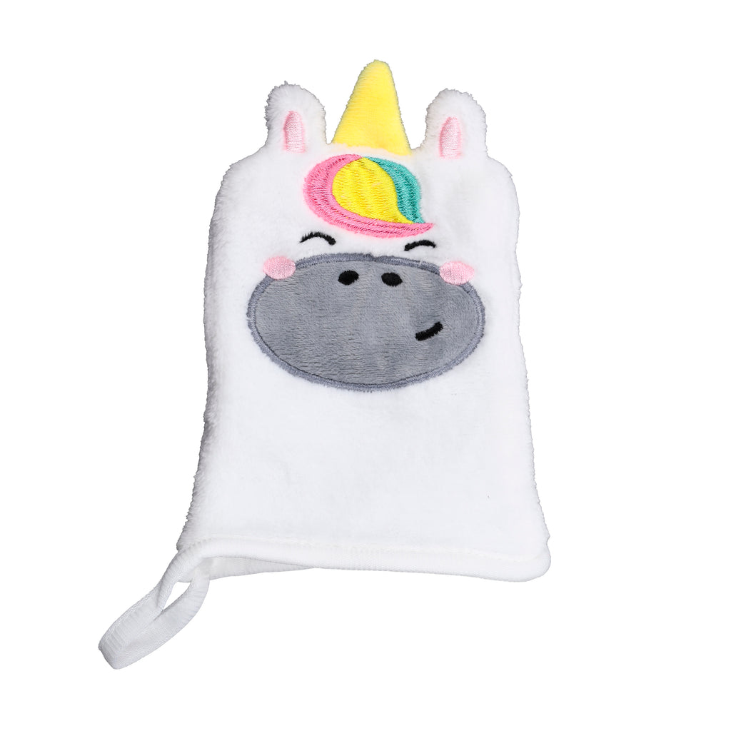 Front view of a white, soft makeup remover glove with a unicorn design, featuring a yellow horn, pink-lined ears, a colourful mane, embroidered grey snout with black nostrils and pink cheeks, and a white hanging loop.