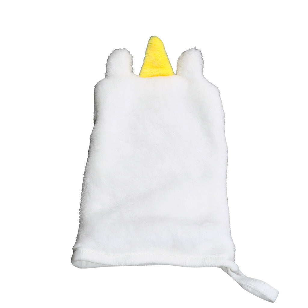 Front view of a white fluffy unicorn makeup remover glove, featuring a yellow horn and two white ears, and a hanging loop.