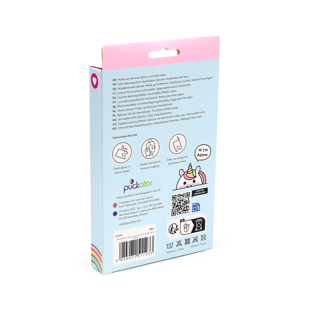 Front view of a pink and light blue makeup remover glove product packaging, with a hang tab, featuring a cartoon unicorn head and use instructions.