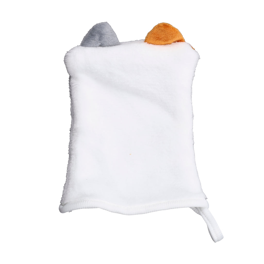 Front view of a white fluffy makeup remover glove, featuring small grey and orange cat ears at the top and a hanging loop at the bottom.