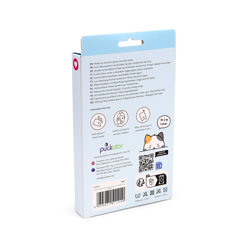 Rear view of Adoramals Lola the Cat makeup remover glove packaging, light blue with a polka dot side, featuring multilingual usage instructions, a cartoon cat illustration saying 'Hi I'm Lola!', a barcode, and material details.
