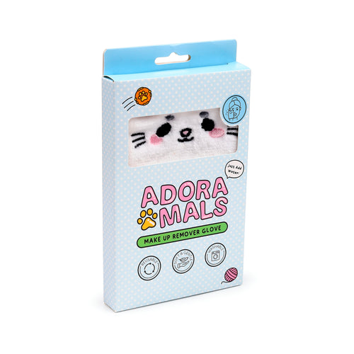 Angled view of an Adoramals makeup remover glove box on a white background. The light blue box with white polka dots displays the white Lola the Cat design glove, featuring black eyes, nose, whiskers, and pink cheeks, through a front window. Text on the box includes 'ADORAMALS MAKE UP REMOVER GLOVE'.