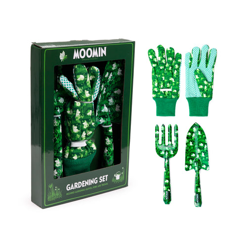 Green Moomin 3-piece gardening set, featuring patterned gloves with dotted palms, a small fork, and a trowel, displayed alongside their matching green gift box.