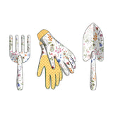 Flat lay of a three-piece gardening set, including a hand fork, a pair of gardening gloves, and a hand trowel. All items feature a delicate floral and bee pattern with various colourful flowers. The gloves have plain yellow, polka dot palms.