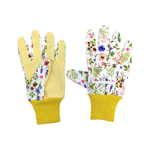 Angled view of a pair of gardening gloves. One glove shows a yellow palm with white grip dots, the other a white back with a colourful floral and insect pattern, including bees and ladybirds. Both feature bright yellow ribbed cuffs.