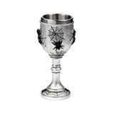 Silver-coloured decorative goblet with black spider web and spider designs, metallic inner cup, and ornate stem.