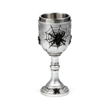 Decorative silver-coloured goblet with a textured exterior, featuring black spider web detailing and black spiders on the cup and base. The goblet has a smooth metallic interior and is presented upright against a white background.