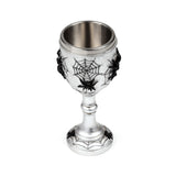 Decorative silver-coloured goblet with black spider web and spider designs, featuring a metallic inner cup and decorated base, shown from an angled view on a white background.