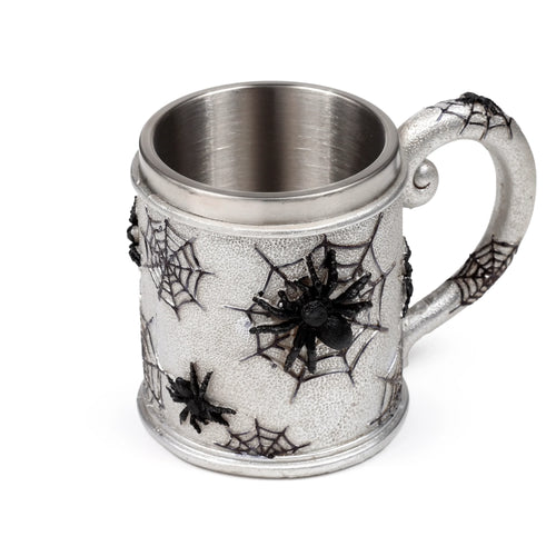Decorative spider web tankard, angled view showing the silver-grey textured exterior with black spiders and webs, and a brushed metal interior.