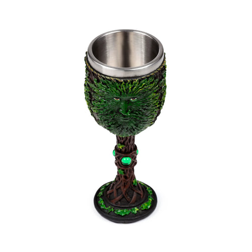 Front view of a decorative Treeman goblet featuring a green leafy face, stainless steel lining, tree-like stem with green orbs, and a matching leafy base.