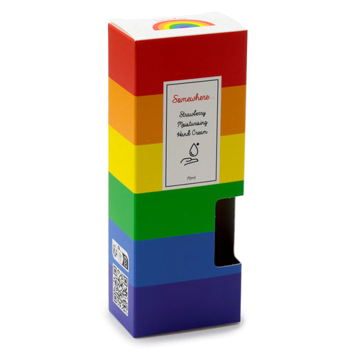 3/4 front view of a rainbow-striped box for Somewhere Strawberry Moisturising Hand Cream 75ml, featuring a hand and drop icon.