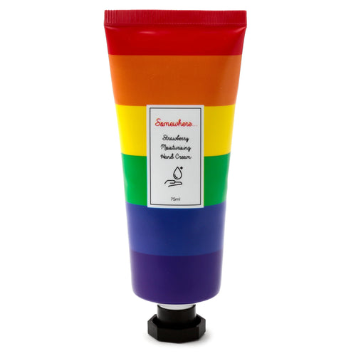 Front view of a 75ml moisturising hand cream tube featuring a rainbow stripe design and a black hexagonal cap. A white label on the tube front reads 'Strawberry Moisturising Hand Cream'.