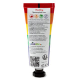 Front view of a white moisturising hand cream tube featuring a rainbow gradient design from red to purple, with Strawberry text and a black hexagonal cap.