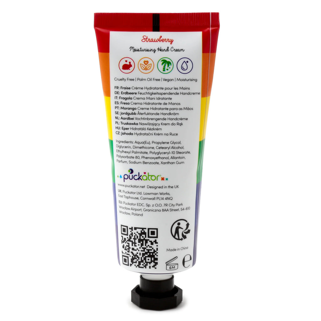 Front view of a white moisturising hand cream tube featuring a rainbow gradient design from red to purple, with Strawberry text and a black hexagonal cap.