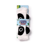 Front view of an Adoramals Susu the Panda plush headband, white and black with prominent black eye patches and ear details, presented on a light blue retail card with green leaf graphics.