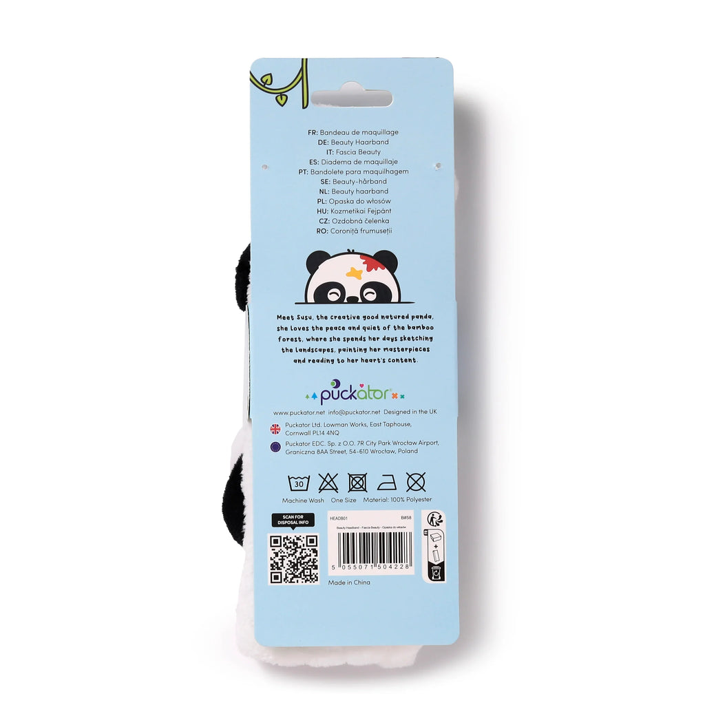 Top view of a plush white and black panda headband, Adoramals Susu the Panda, on its light blue retail packaging.