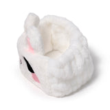 White plush rabbit headband with black eyes and pink accents, shown from an angled top-down view on a white background.