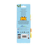 Back of the light blue packaging for an Adoramals Raffi the Giraffe plush beauty headband. The packaging displays a cartoon giraffe illustration, multi-language product information, care symbols, and a barcode. Part of the yellow plush headband is visible on the right.