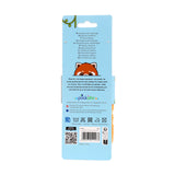 Plush beauty headband packaging, reverse view. The light blue cardboard tag displays an illustration of Ru the red panda's head, alongside care instructions and material details. A section of the orange, fluffy headband is visible on the right.