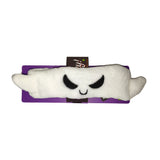 Front view of a white plush ghost beauty headband with black embroidered spooky eyes and a smiling mouth, presented on a purple backing card with a small packaging tag.