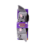 Front view of a grey plush Dexter the Bat beauty headband with pink inner ears and black details, displayed on purple packaging featuring 'Adoramals' text and graphics.