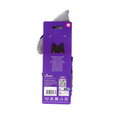 Reverse of purple retail packaging for a plush beauty headband, displaying a fluffy grey headband, a cartoon black bat design, and white text with care symbols.