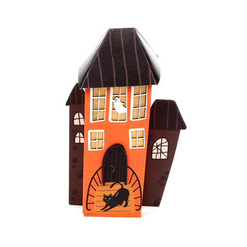 Front view of a Halloween LED decoration, a spooky orange and black house featuring a black cat by the door and a white ghost in a window.