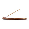 Angled view of a Sheesham wood ashcatcher incense stick burner, featuring golden pentagram and star inlays, with a single brown incense stick inserted.