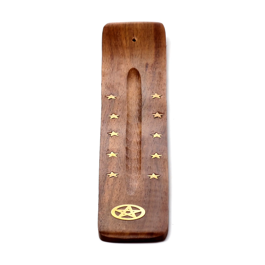 Overhead view of a brown Sheesham wood ashcatcher incense stick burner featuring a central groove, multiple golden star inlays, and a large golden pentagram inlay at one end.