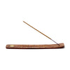 Angled top view of a sheesham wood ashcatcher incense holder, featuring brass pentagram and star inlays, with a single incense stick inserted.