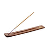 Angled view of a Sheesham wood ashcatcher incense holder featuring gold-coloured pentagram and star inlays, with an incense stick inserted, on a white background.