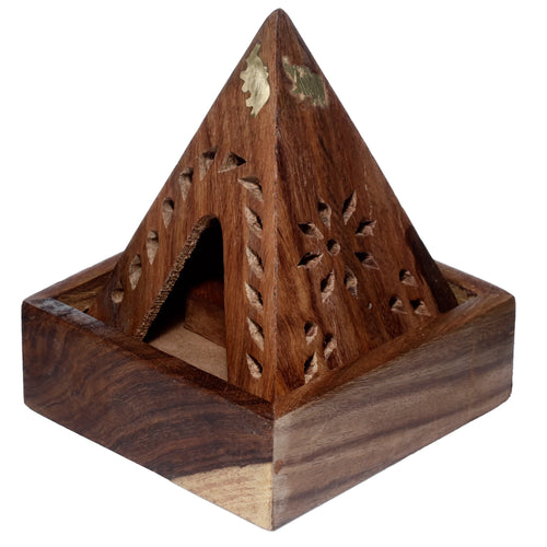 Angled view of a dark brown Sheesham wood pyramid incense burner with a square base, featuring gold-coloured elephant inlays and decorative carved leaf-shaped cut-outs on its sides.
