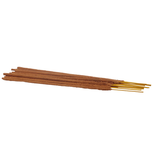Angled view of several brown incense sticks, showing their yellow bamboo cores.