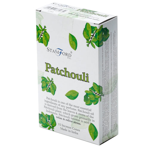 Angled front view of a white Stamford Patchouli Incense Cones box, decorated with green patchouli leaf illustrations and descriptive text.