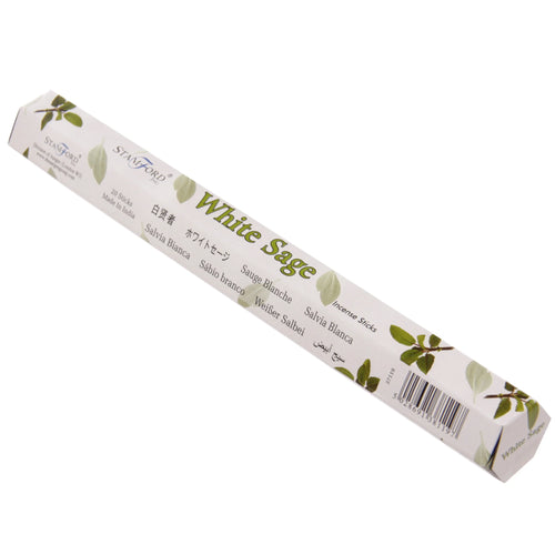 Angled view of a white rectangular incense stick box, featuring green 'White Sage' text and sage leaf illustrations, with '20 Sticks' and a barcode visible on the packaging.