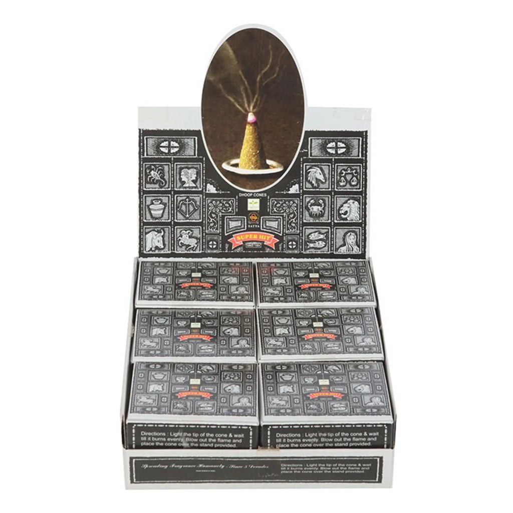 Front view of a Satya Nag Champa Dhoop Incense Cones Super Hit retail display unit, holding eight individual product boxes. The unit features a graphic of a burning incense cone with smoke and decorative black and white patterned detailing.