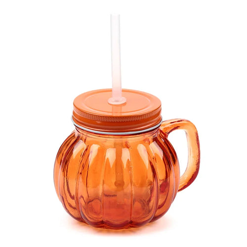 Front view of an orange glass pumpkin drinking jar with a lid and straw.