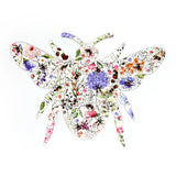 Overhead view of a fully assembled 130-piece wooden jigsaw puzzle, shaped as a bee with a colourful floral meadow design depicting bumblebees.