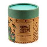 Angled view of a cylindrical wooden jigsaw puzzle container. The kraft-coloured tube features an 'Animal Kingdom' design with colourful jungle animals and foliage, and has a dark teal top rim.