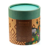 Angled view of a cylindrical 130-piece wooden jigsaw puzzle packaging tube. The brown and dark green tube features an Animal Kingdom illustration with a giraffe, rhino, and flamingos, and a light teal inner rim.